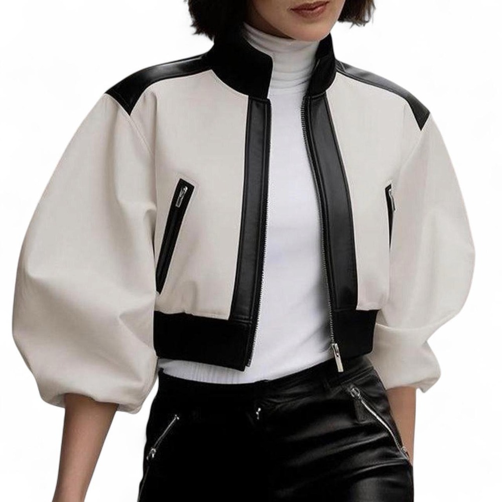 UOOZEE Puff Sleeve Contrast Color Zipper Stand Collar Jacket and Coat Motorcycle